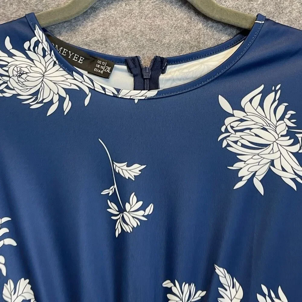 HOMEYEE Dress Size 2XL Blue White Floral Round Neck Midi A-Line Pleated Swing - Picture 3 of 16